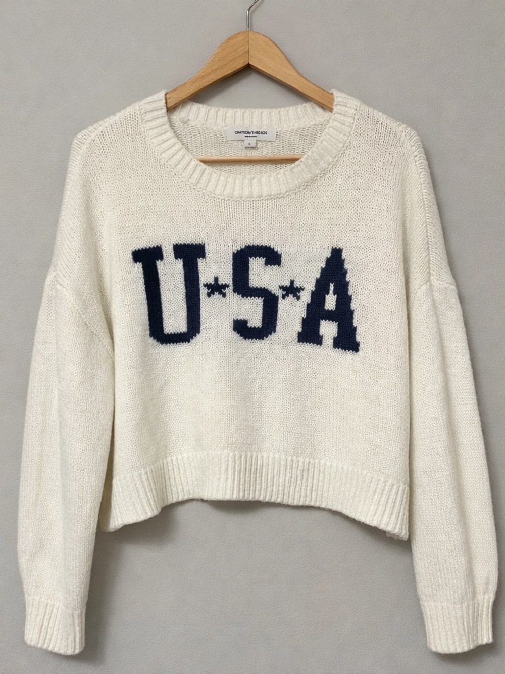 Grayson Threads USA Knit Sweater Cropped Pullover Off White Navy Large